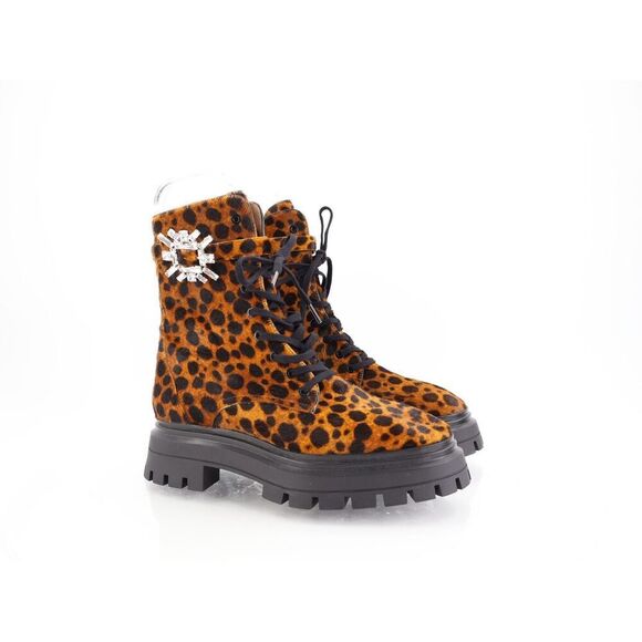Stuart Weitzman Crystal Nova Bedford Bootie Size 8B Brown Leather Combat Boot - Picture 1 of 14